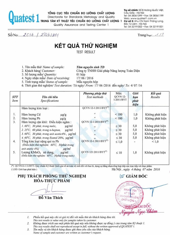 Kết quả thử nghiệm tăm nguyên sinh TD